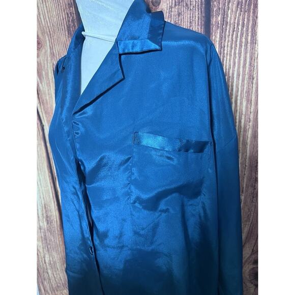 VICTORIA'S SECRET SILK PAJAMA Top Shirt Dress Size M Blue Emerald Pocket - Picture 3 of 8